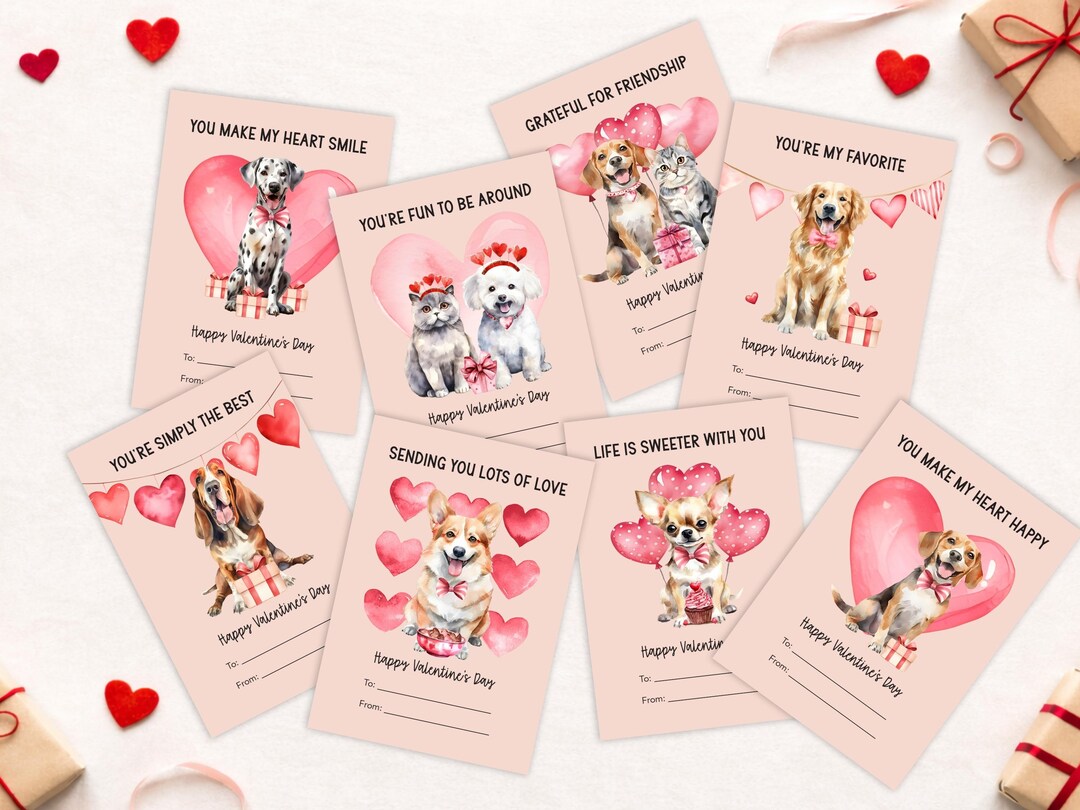 Watercolor Dog & Cat Valentine Cards, Classroom Valentines (digital ...