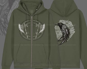 LAST PIECE L/XL. Viking hoodie, Raven hoodie, Army green, Streetwear, Nordic design, Scandinavia