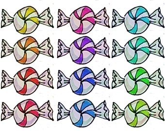 Candy Clipart, handgezeichnete Bonbons, Clip Art, Set von 12 verschiedenfarbigen Bonbons, regenbogenfarbene Süßigkeiten, bunte Süßigkeiten Clip Art