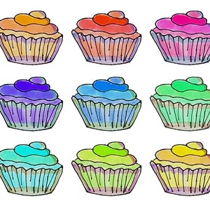 Hand drawn cupcake clipart, set of 9 different colored cupcake clip art, dessert clipart, sweets, birthday clipart, cupcake doodles