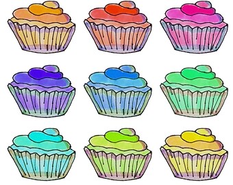 Hand drawn cupcake clipart, set of 9 different colored cupcake clip art, dessert clipart, sweets, birthday clipart, cupcake doodles