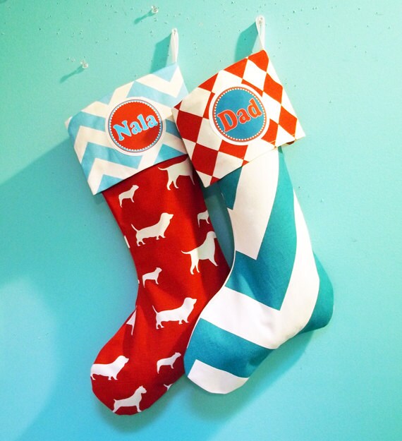 Items similar to CHRISTMAS STOCKINGS, PERSONALIZED 2 Pack Mid Century