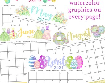 Printable Day Planner 365 Day Monthly Calendar Goal Sheets Pretty Cute Watercolor Graphics Daily Work Planner 2021 Printable Digital Planner