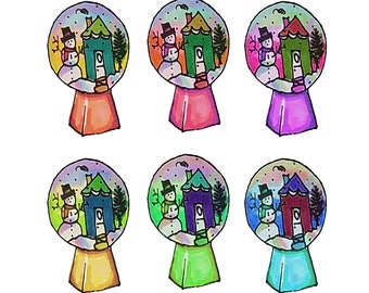 Handgezeichnete Schneekugel Clipart, Bunte Weihnachten Schneeglobe Clip Art, Set von 6 verschiedenen farbigen Schneeglöppchen