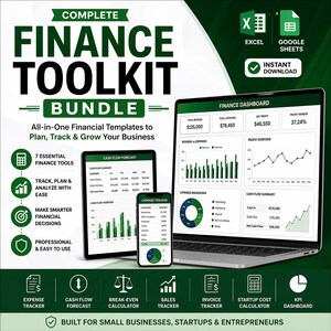May include: A Complete Finance Toolkit Bundle graphic with the text "Complete Finance Toolkit Bundle". The image includes a laptop, tablet, and smartphone displaying financial dashboards and templates. Icons for Excel and Google Sheets are also present.