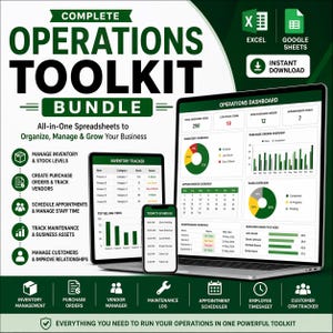 Op de afbeelding: Een digitale operations toolkit-bundel weergegeven op een laptop, tablet en smartphone. De afbeelding bevat grafieken, diagrammen en tekst zoals "Inventaris beheren" en "Direct downloaden". Het kleurenschema is voornamelijk groen en wit.