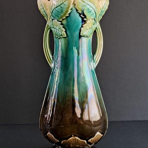 Antique Art Nouveau Majolica Vase, Twin Handles, Tulip Leaf Rim, Barbotine Glaze