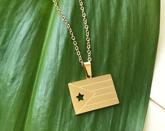 Puerto Rico Flag Pendant and Chain, Gold or Silver Stainless Steel, Choose Length, La Monoestrellada Bandera Puertorriqueña