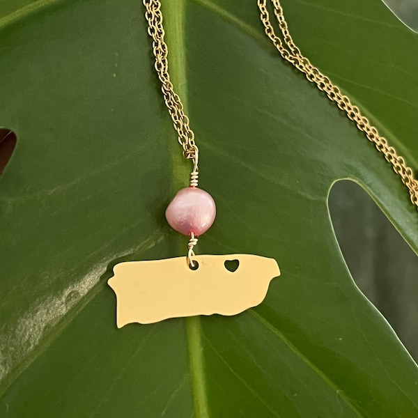 Puerto Rico Map Necklace, Puerto Rico Necklace with Pink Pearl, Puerto Rico Stainless Steel Jewelry, Puerto Rico Necklace Gold, Boricua