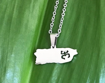 Puerto Rico Coqui Taino Pendant Chain, Gold or Silver Stainless Steel, Puerto Rico Map Jewelry, Puerto Rico Map Necklace Gift Idea