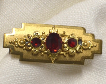 Antique Art Deco Brooch 1920s Czech Garnet Jewelry Gold Gilt Bar Pin Victorian Style Red Stone Brooch Anniversary Gift Vintage Bohemian Pin