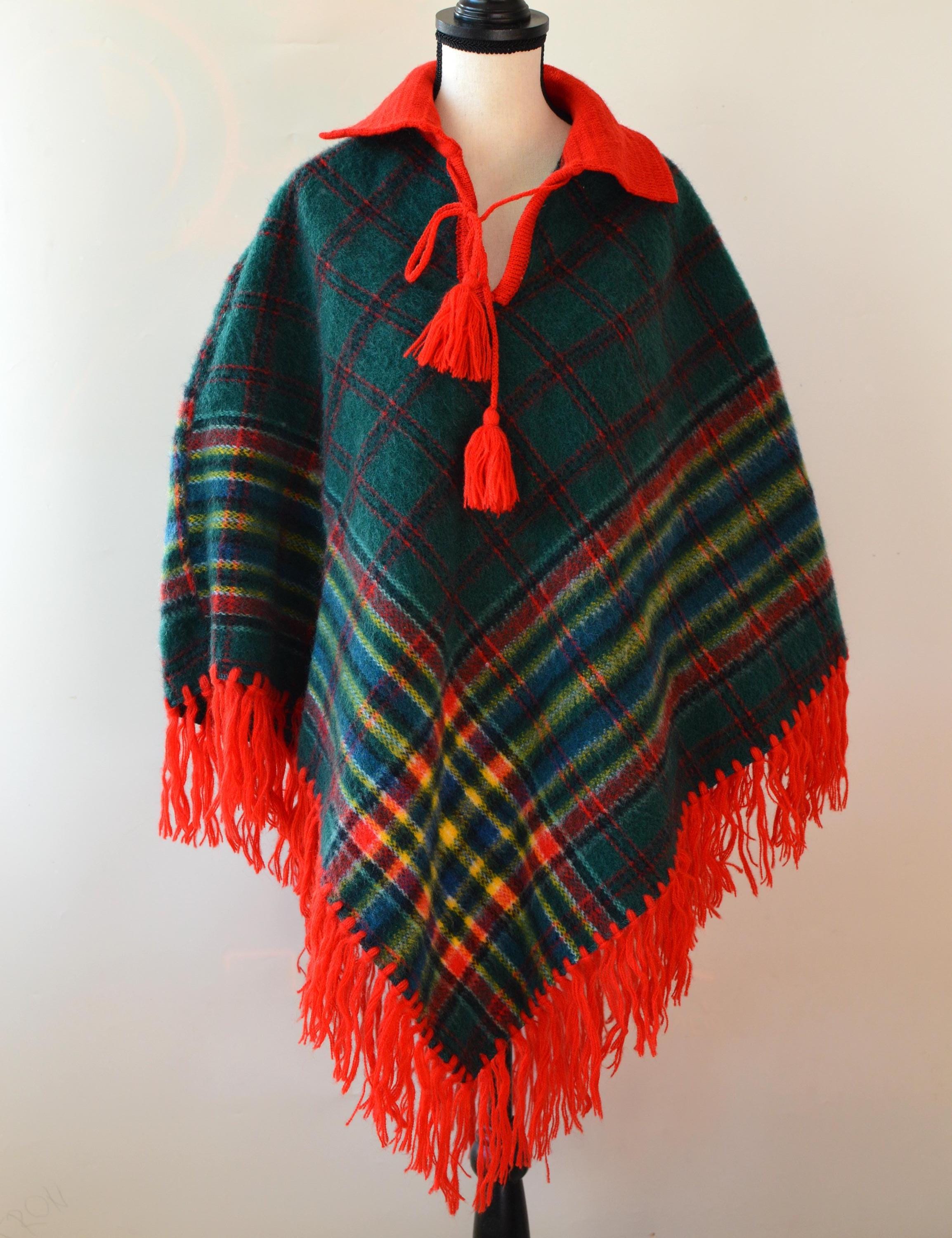 Vintage 1970s Wool Poncho With Fringe, Green Plaid Boho Cape - Etsy