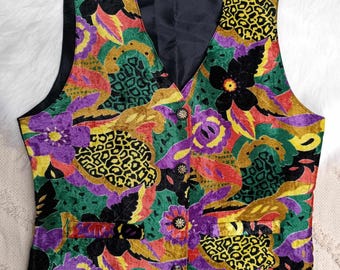 Vintage Floral Velour Vest: Multicolored Patchwork Bohemian Jacket (Size L)