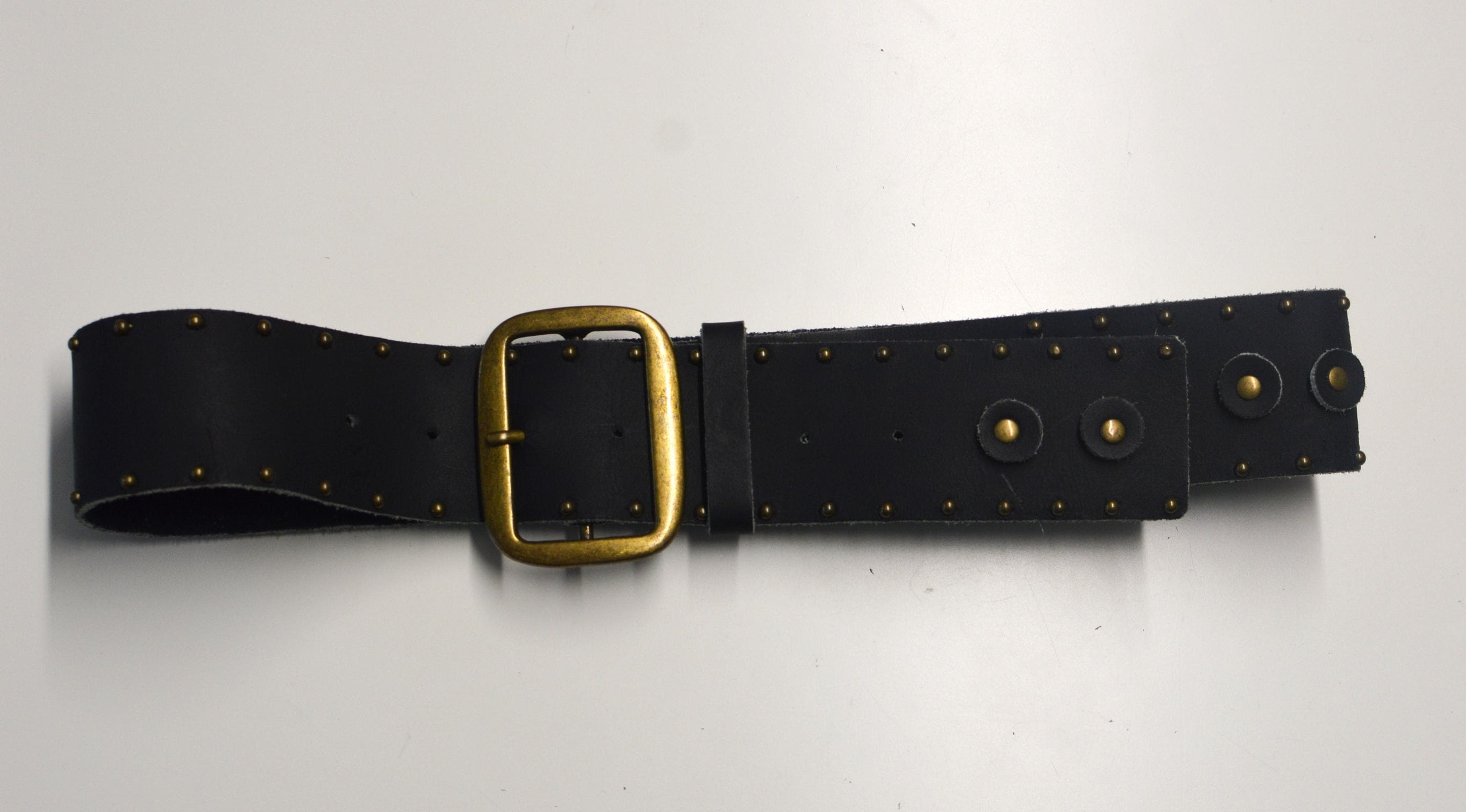 Vintage Leather Black Studded Belt: Brass Buckle, Size S - Etsy