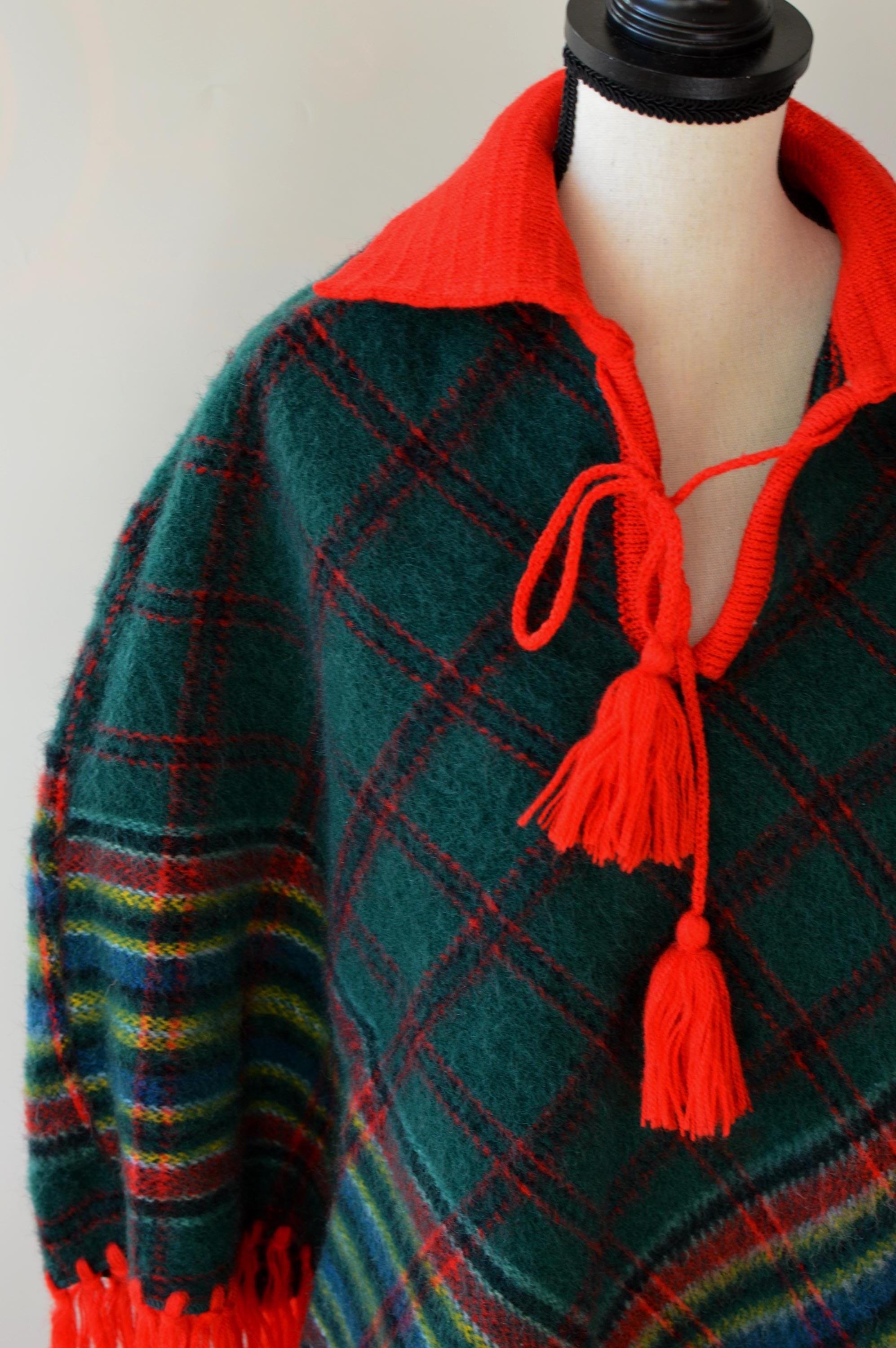 Vintage 1970s Wool Poncho With Fringe, Green Plaid Boho Cape - Etsy