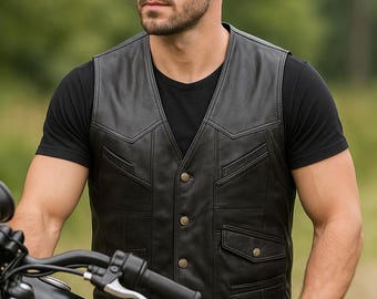 Vintage 1980s Black Leather Vest  Size M/L / Western / Biker