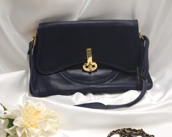 Vintage women's top shoudler bag dark blue, 1978s.