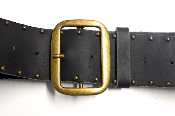 Vintage Leather and Brass Studded Belt Leather Belt, Chrome and Brass Metal Studded, Vintage Biker  main image 3