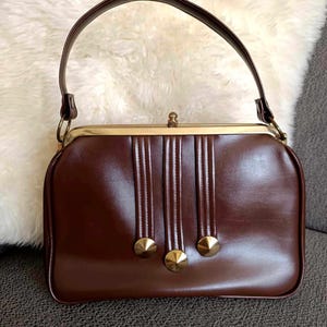 Bolso de mano marrón pequeño/mediano con monedero años 60, Asa superior de piel vintage para mujer