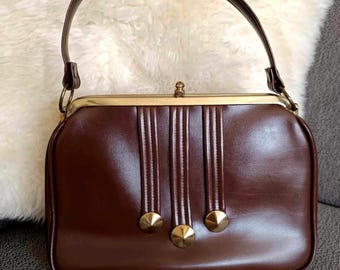 Small / medium brown handbag with wallet 60s, Vintage women's leather top handle