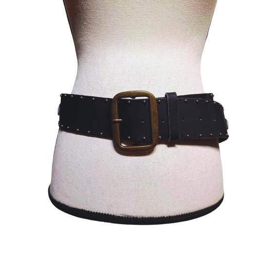 Vintage Leather Black Studded Belt: Brass Buckle, Size S - Etsy display picture 2