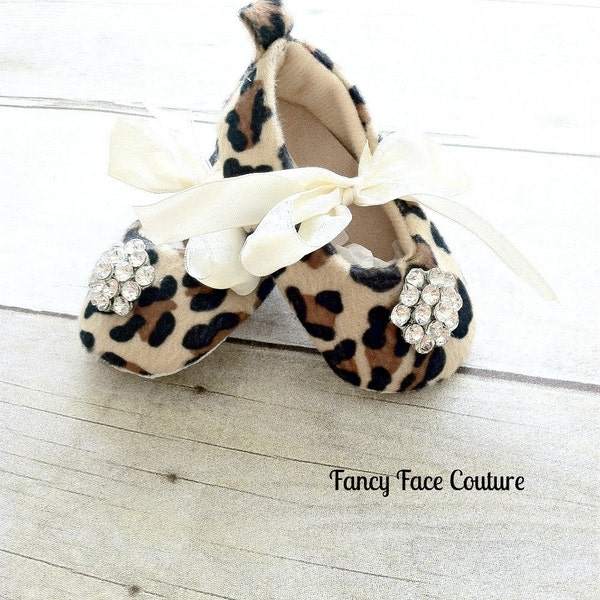Leopard Baby Girl Shoes Little Girls crib shoes Ballet Slippers Soft Sole Vintage Crystal Leopard  Newborn-Infant Children- Baby Shower Gift