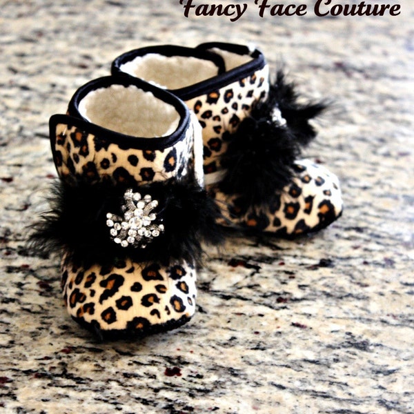 Boutique Leopard Baby Girl Booties Baby Infant Shoes Non Skid with Vintage Crystal Center Size Newborn- 1 year Children- Baby Shower Gift