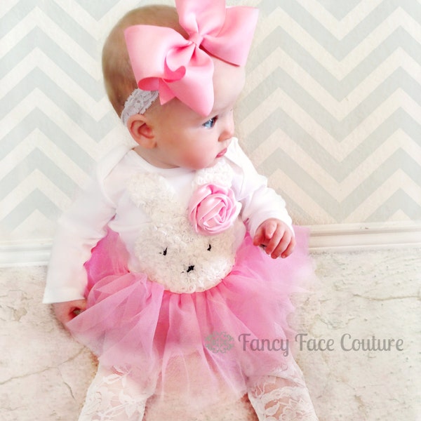 Easter Bunny Outfit Baby Girl Newborn Take Home Outfit Pink Rosette Pink Tutu Lace Tights Little girls Easter clothes baby girl newborn