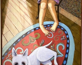 Original Oil Painting - Seated Girl with White Dog on Wood Panel