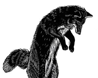 Fox - Black and White Linocut by Lora Shelley