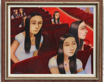 Original "The Theater" Painting, Mixed Media on Museum Board, Framed