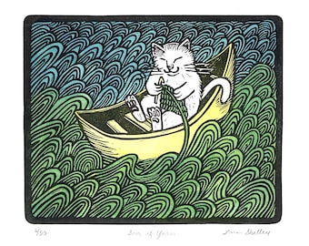 Kitty Crocheting Art Print – Hand-Pulled Linocut with Watercolor