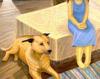 Girl and Dog Painting – Original Mixed Media Art on Wood (24x18)