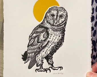 Owl with Yellow Ochre Moon - Linocut by Lora Shelley