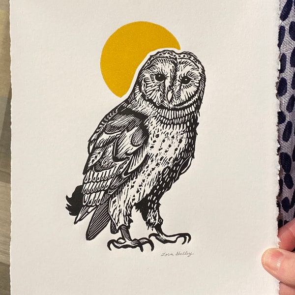 Owl with Yellow Ochre Moon - Linocut by Lora Shelley