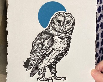 Owl with Slate Blue Moon - Linocut by Lora Shelley