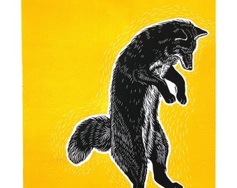 Fox - with Yellow/Orange background --  Linocut by Lora Shelley