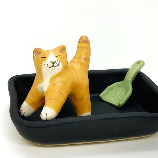 Kitty Litter Salt Cellar Set Stoneware Clay Cone 6 - Orange Striped Cat, Satin Black Box and Satin Moss Scoop - Dinnerware Safe