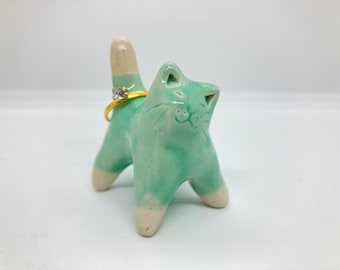 Kitty Ring Holder Celadon Stoneware Clay Hand Sculpted by Lora Shelley