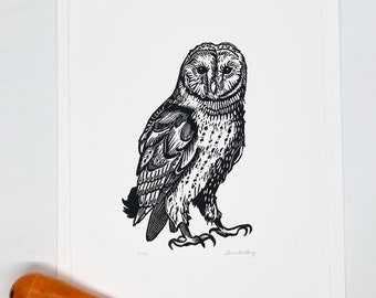 Owl - Black and White Linocut by Lora Shelley