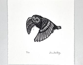 Owl - Black and White mini Linocut by Lora Shelley 5" x 5"