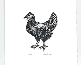 Chicken - Black and White mini Linocut by Lora Shelley 5" x 5"