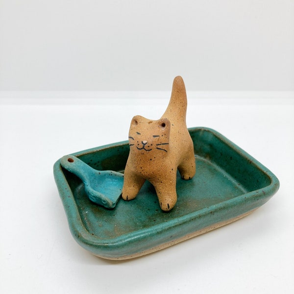 Kitty Litter Salt Cellar Set Stoneware - Brown Cat with Speckles (is also a pepper shaker) Forest Green Kitty Box and Turquoise Matte Scoop