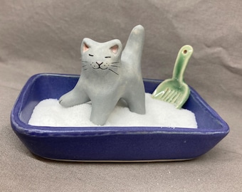 Kitty Litter Salt Cellar Set Stoneware - Satin Light Grey Cat, Satin Moss Green Kitty Box and Jade Celadon Scoop