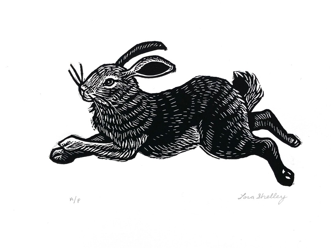 Jumping Bunny Linocut © Lora Shelley - Etsy