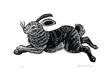 Jumping Bunny Linocut © Lora Shelley