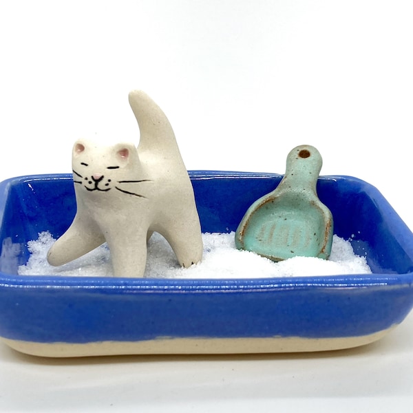 Kitty Litter Salt Cellar Set Stoneware - White Cat, Periwinkle Blue Kitty Box and Seafoam Green Scoop