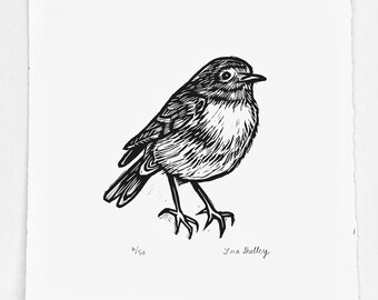 Bluebird  - Black and White mini Linocut by Lora Shelley 5" x 5"