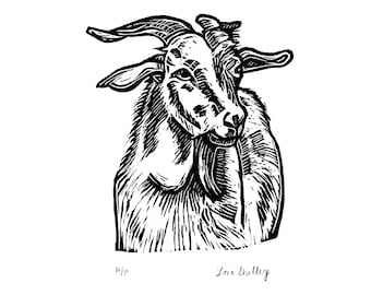 Goat - Black and White mini Linocut by Lora Shelley 5" x 5"