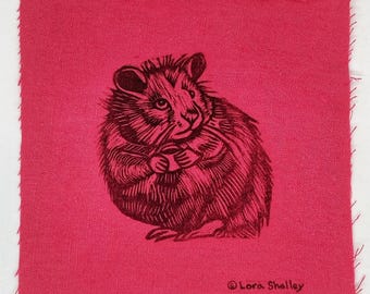 Hamster with Coffee Patch hand printed linocut by Lora Shelley